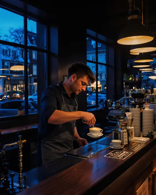KI-Bild: Barista mit Latte Art am Abend.