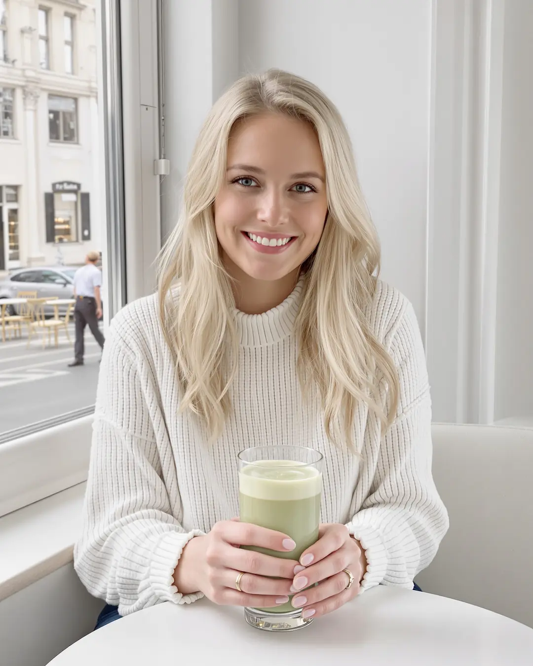 KI-Bild: Junge Frau mit Matcha Latte am Fenster eines hellen Cafés.