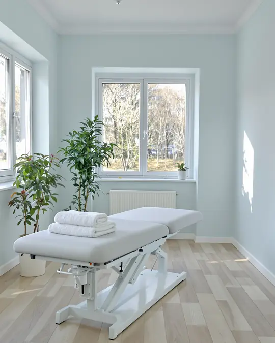 KI-Bild: Heller, ruhiger Behandlungsraum einer Physiotherapie-Praxis.
