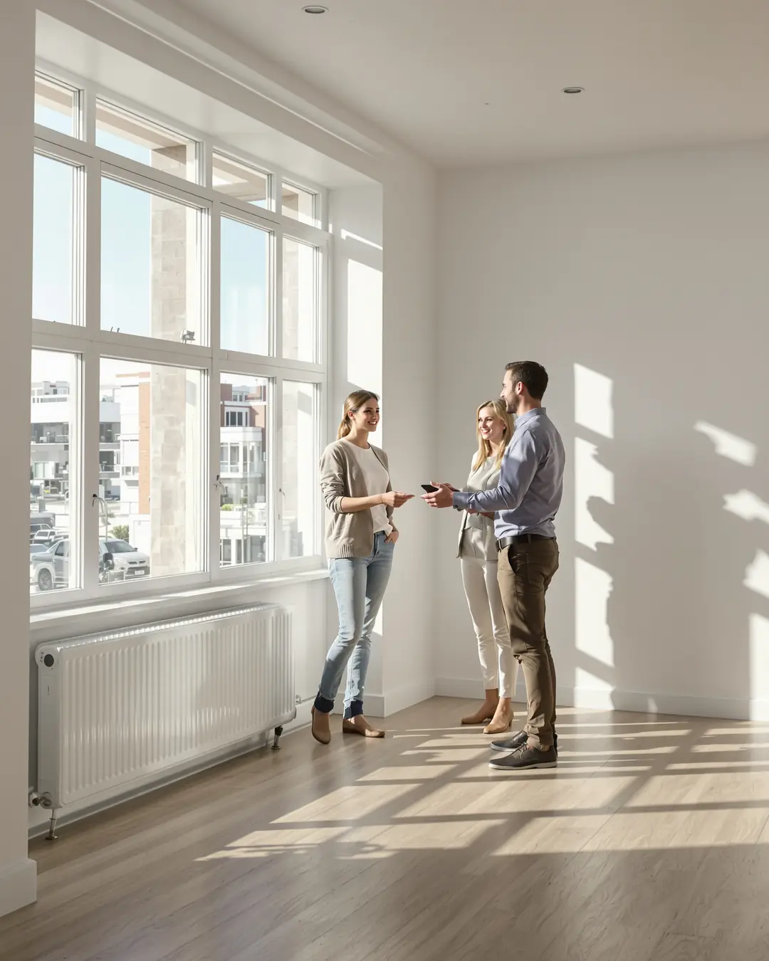 KI-Bild: Maklerin zeigt einem Paar eine helle Wohnung.