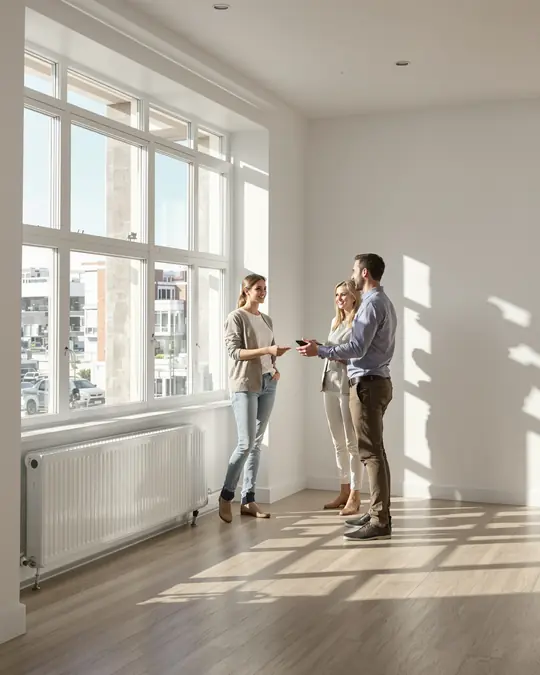 KI-Bild: Maklerin zeigt einem Paar eine helle Wohnung.